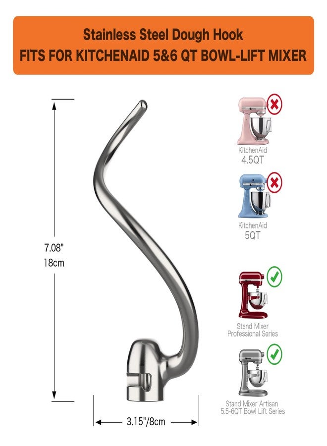 YANUS Stainless Steel Dough Hook Replacement for KitchenAid 5qt-6qt, Bowl-Lift Stand Mixer Accessories Fit for Professional 5 Plus and 600 Seris Mixers (KV25 KP25 KP26 KL26 KT26 KSM55/60 KSM6521) - Image 2